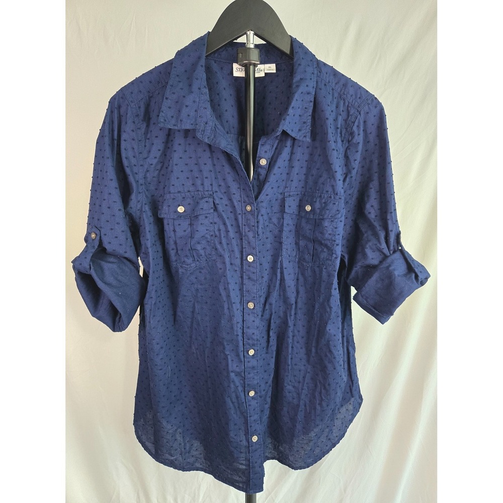Navy Blue Swiss Dot Button Front Roll Tab Shirt Top Sz XL 100% Cotton Minimalist
